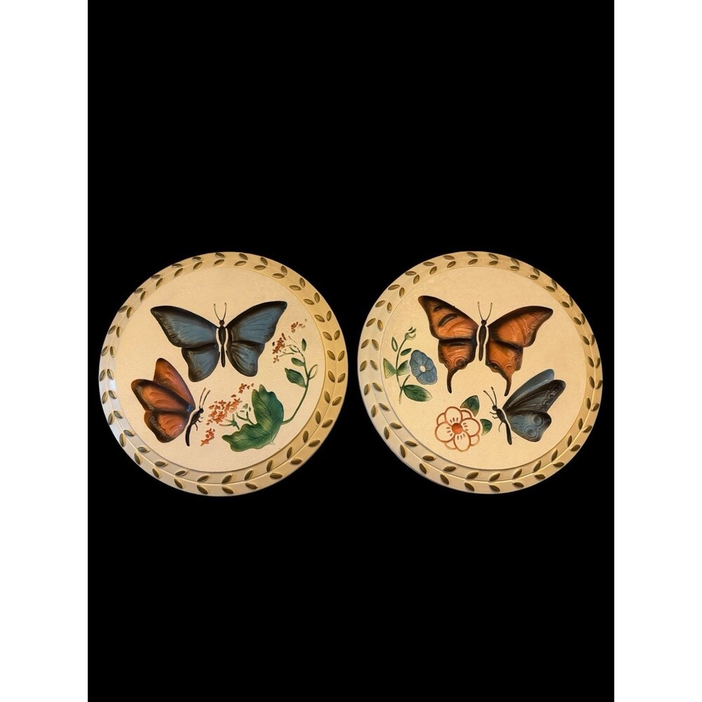 2 Vintage Modern Art Co Plaster Chalkware 9" Flower Butterfly Wall Plaque USA.